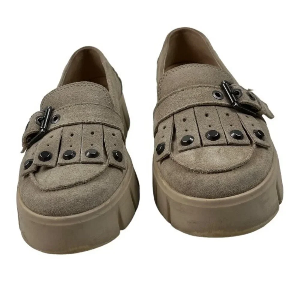 Geox Ghoula Italian Patent Suede Taupe Chunky Lug Loafers Buckle Size 38 (US 8)